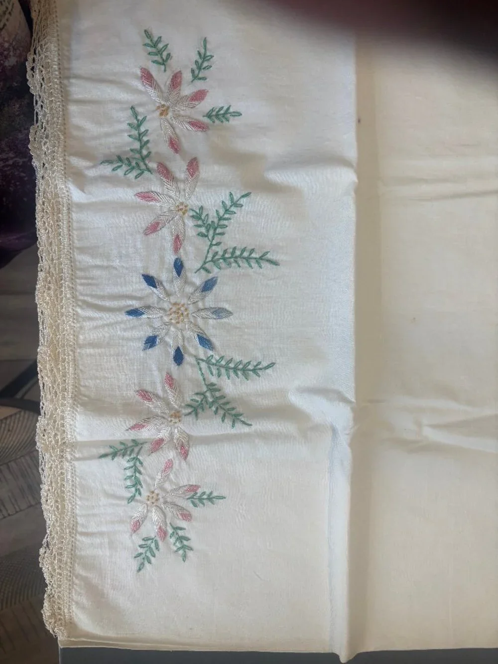 Vintage Hand Embroidered Floral Pillowcase - Crochet Lace Edge Pink Blue Flowers